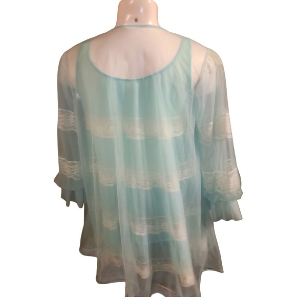 Miss Elaine 1960s Chic Blue Chiffon Lace Short Nightie w Sheer Robe 3/4 slv S/M - Picture 9 of 16